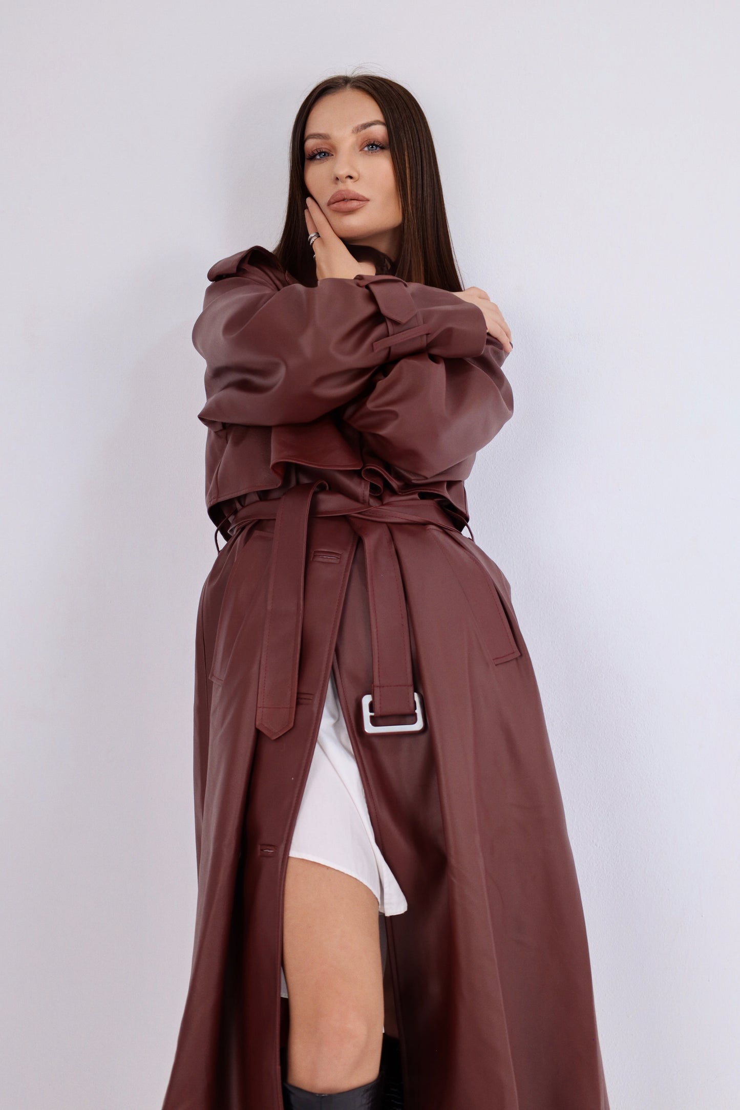 Leather Burgundy Trench Coat